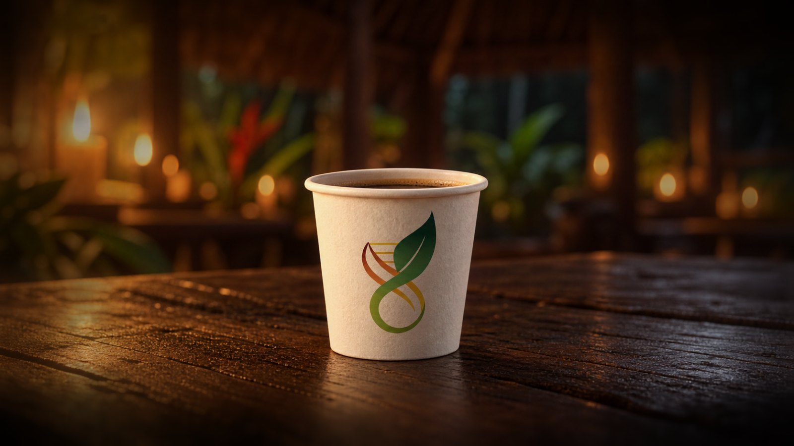 Copo com o logo do Instituto Alpha sobre a mesa de madeira, à luz de velas